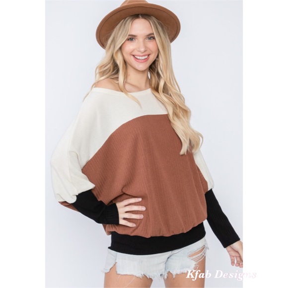 ❤️LAST 1! Oversized Dolman Sleeve Wide Neck Color Block Top! - Picture 4 of 8